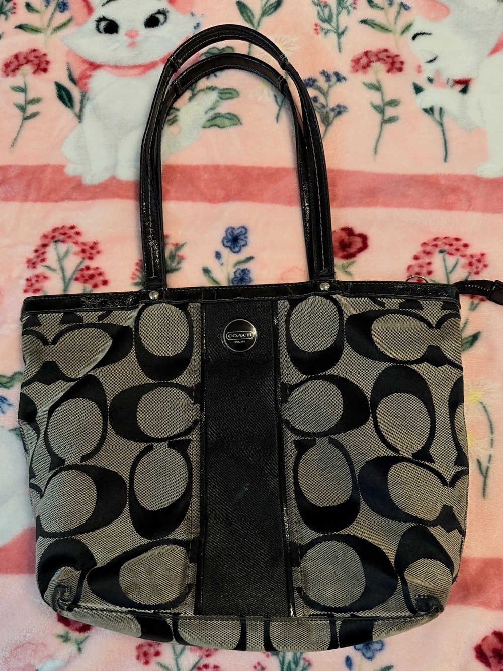 Coach Signature Stripe Collection F21950 Black Gray Signature C Tote Bag